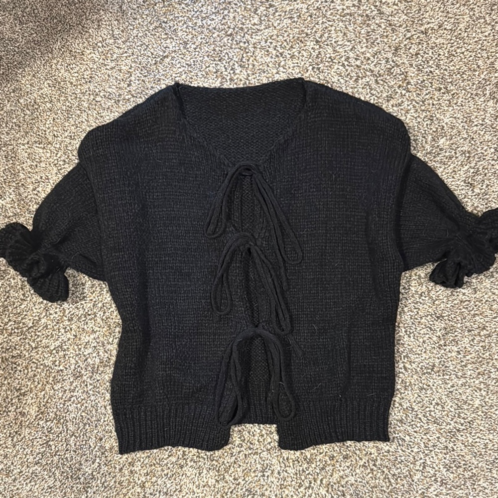 Black Knit Sweater Cardigan with Bow Details